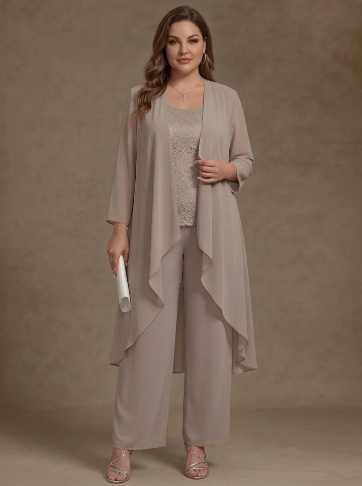 3 Pieces Scoop Chiffon Plus Size Mother of the Bride Pantsuits with Jacket Long Sleeves Ankle-Length Lace Floral