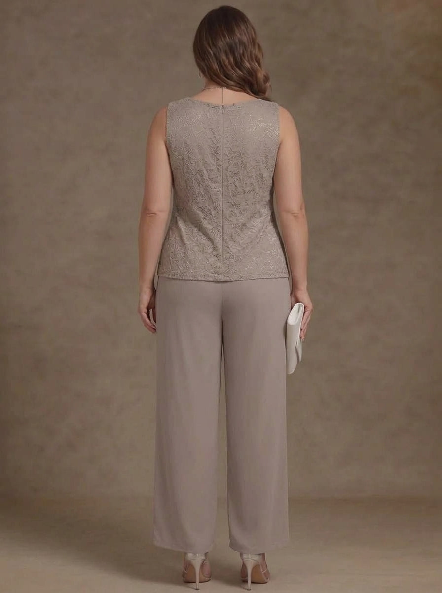 3 Pieces Scoop Chiffon Plus Size Mother of the Bride Pantsuits with Jacket Long Sleeves Ankle-Length Lace Floral