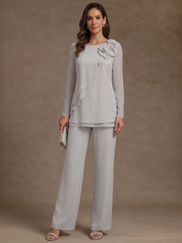 2 Pieces Scoop Chiffon Mother of the Bride Pantsuits Floral Long Sleeves Ankle-Length Ruffles