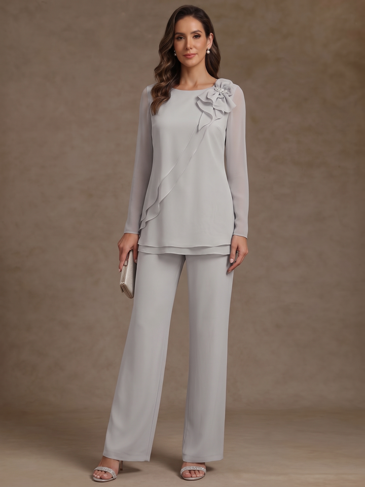 2 Pieces Scoop Chiffon Mother of the Bride Pantsuits Floral Long Sleeves Ankle-Length Ruffles