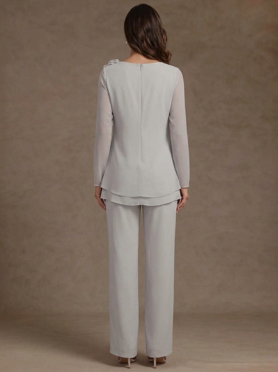 2 Pieces Scoop Chiffon Mother of the Bride Pantsuits Floral Long Sleeves Ankle-Length Ruffles
