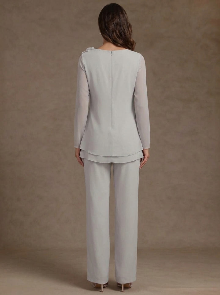 2 Pieces Scoop Chiffon Mother of the Bride Pantsuits Floral Long Sleeves Ankle-Length Ruffles