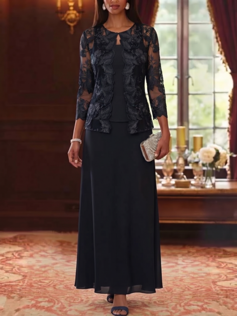 2 Pieces A-Line/Princess Square Collar Chiffon Mother of the Bride Dresses with Jacket 3/4 Sleeves Ankle-Length Floral