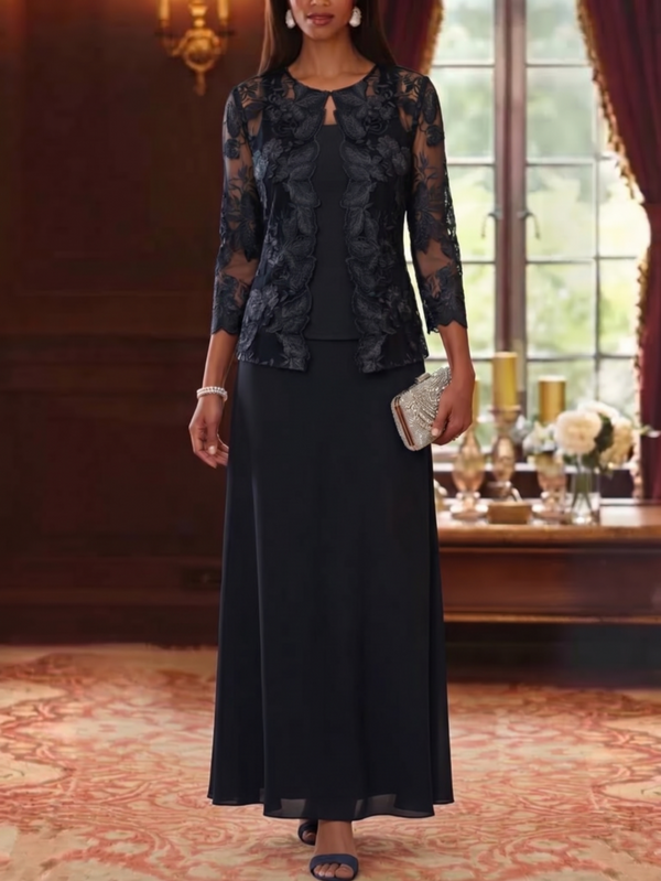 2 Pieces A-Line/Princess Square Collar Chiffon Mother of the Bride Dresses with Jacket 3/4 Sleeves Ankle-Length Floral