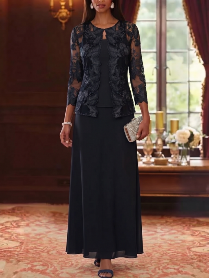2 Pieces A-Line/Princess Square Collar Chiffon Mother of the Bride Dresses with Jacket 3/4 Sleeves Ankle-Length Floral