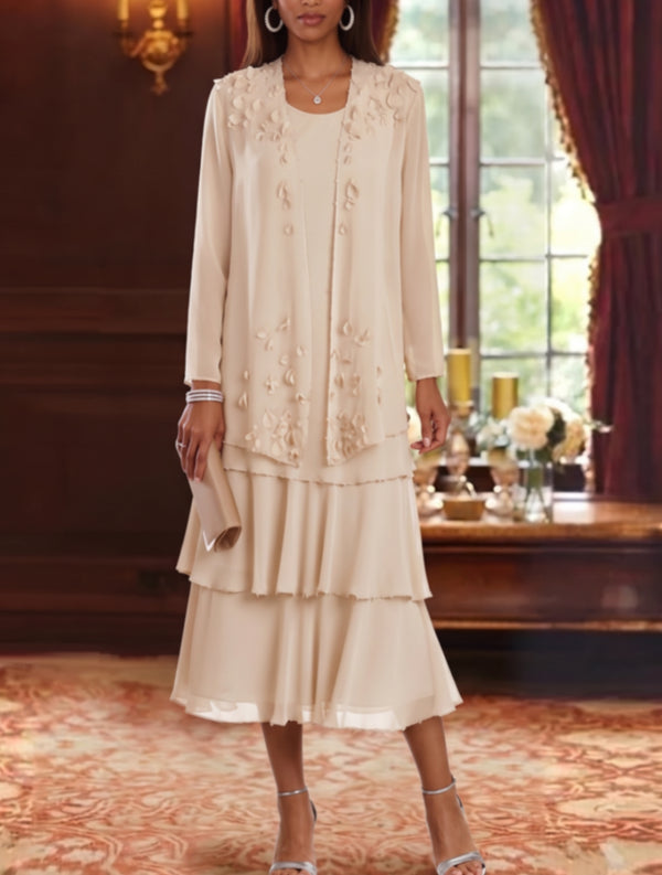 2 Pieces A-Line/Princess Scoop Chiffon Mother of the Bride Dresses with Jacket Long Sleeves Ruffles Tea-Length Floral