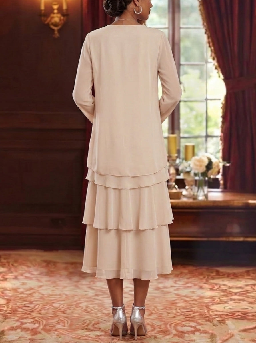 2 Pieces A-Line/Princess Scoop Chiffon Mother of the Bride Dresses with Jacket Long Sleeves Ruffles Tea-Length Floral