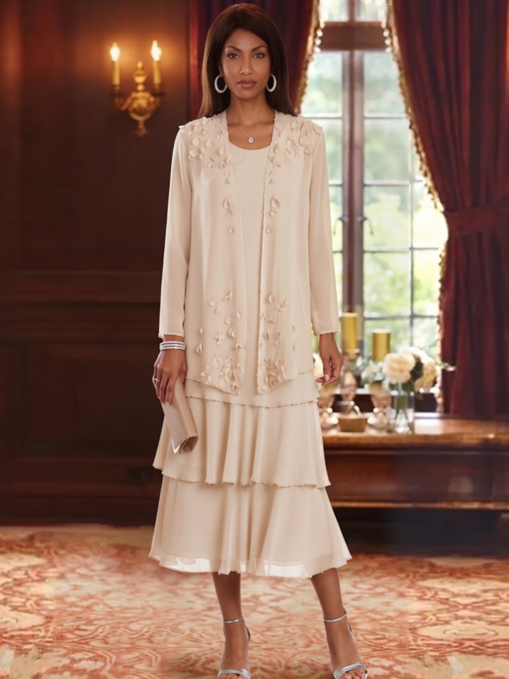 2 Pieces A-Line/Princess Scoop Chiffon Mother of the Bride Dresses with Jacket Long Sleeves Ruffles Tea-Length Floral