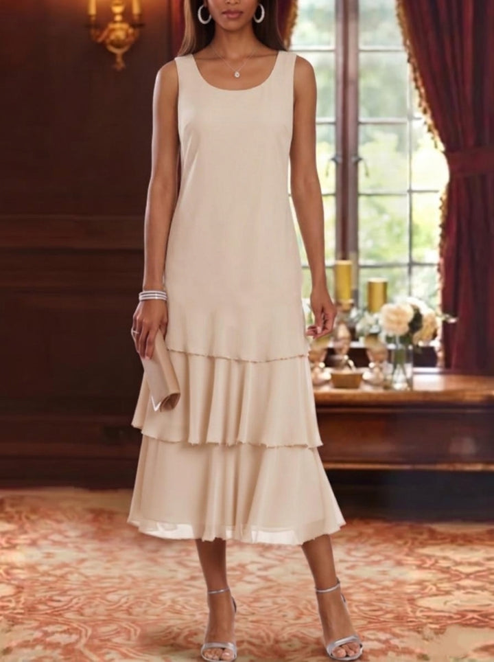 2 Pieces A-Line/Princess Scoop Chiffon Mother of the Bride Dresses with Jacket Long Sleeves Ruffles Tea-Length Floral