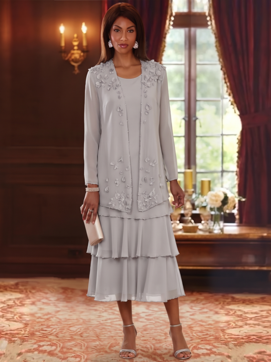 2 Pieces A-Line/Princess Scoop Chiffon Mother of the Bride Dresses with Jacket Long Sleeves Ruffles Tea-Length Floral