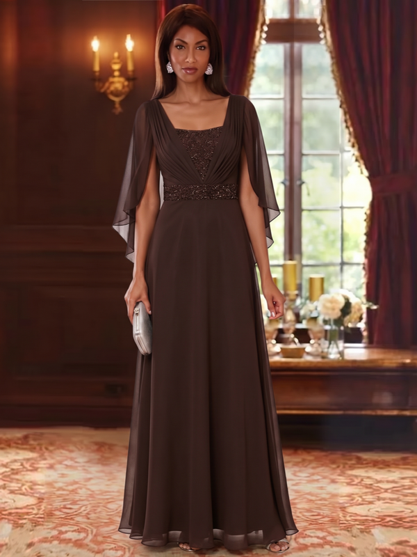 A-Line/Princess Square Collar Chiffon Mother of the Bride Dresses Cape Sleeves Floor-Length Sequins