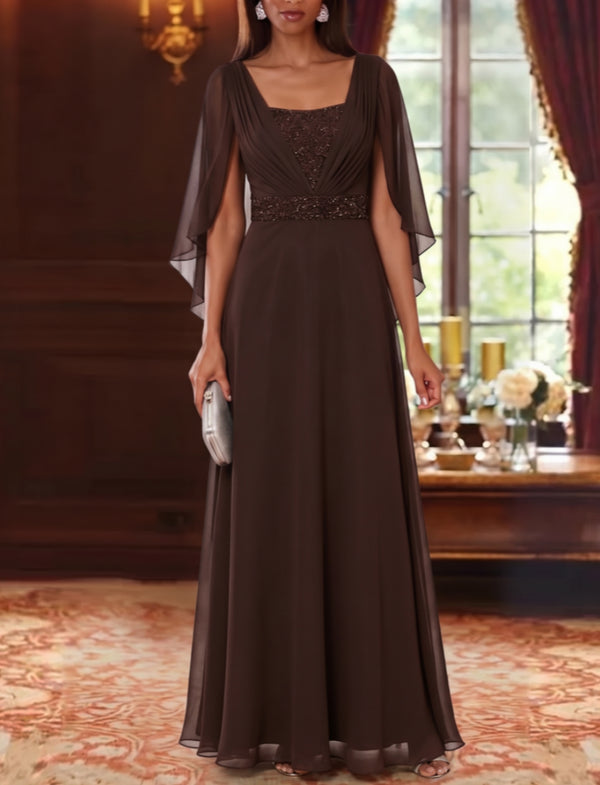 A-Line/Princess Square Collar Chiffon Mother of the Bride Dresses Cape Sleeves Floor-Length Sequins