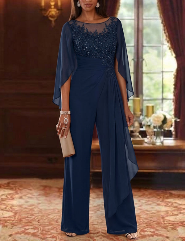 Scoop Chiffon Mother of the Bride Jumpsuit Cape Sleeves Floor-Length Floral Sequins Ruffles