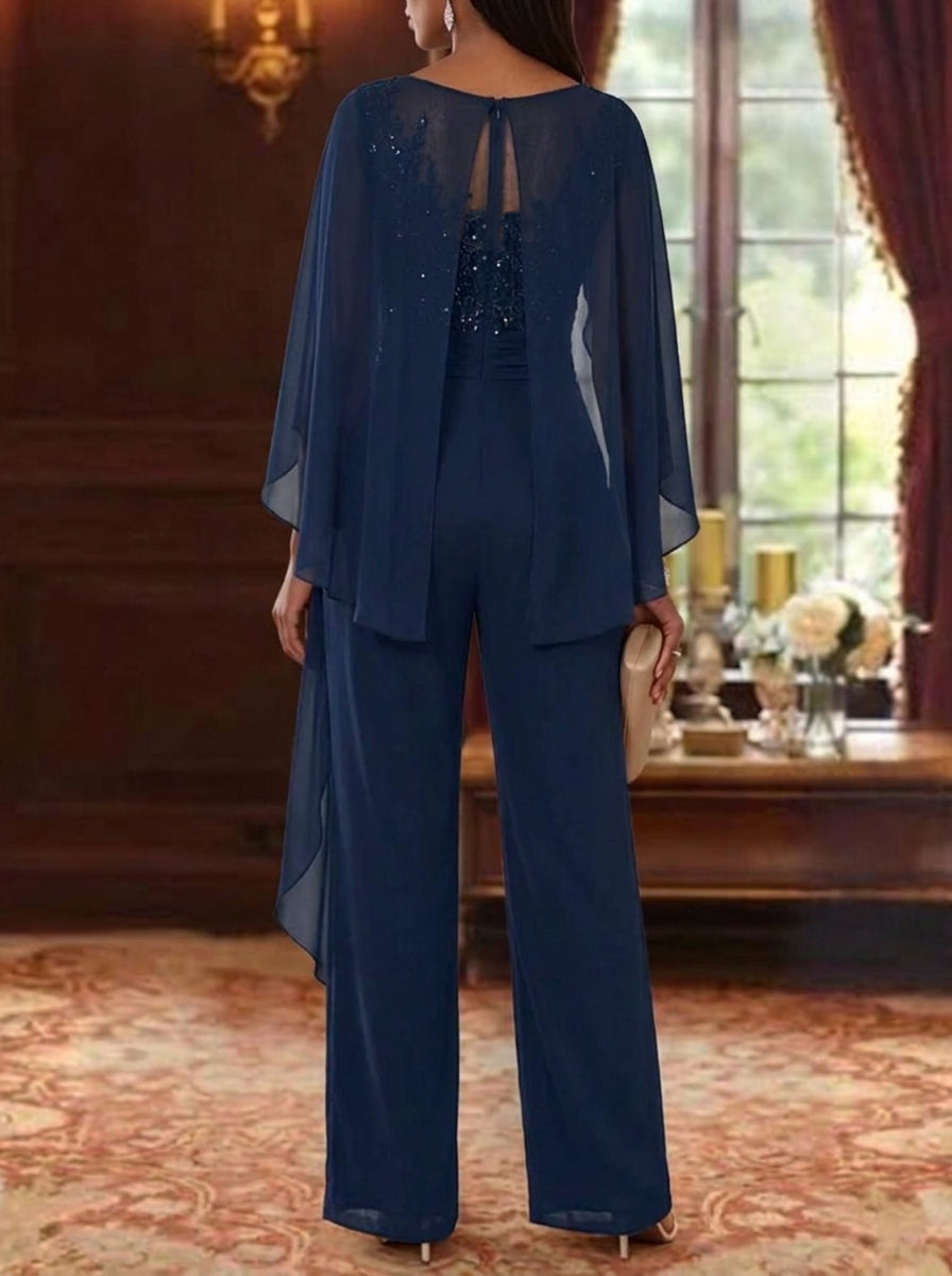 Scoop Chiffon Mother of the Bride Jumpsuit Cape Sleeves Floor-Length Floral Sequins Ruffles