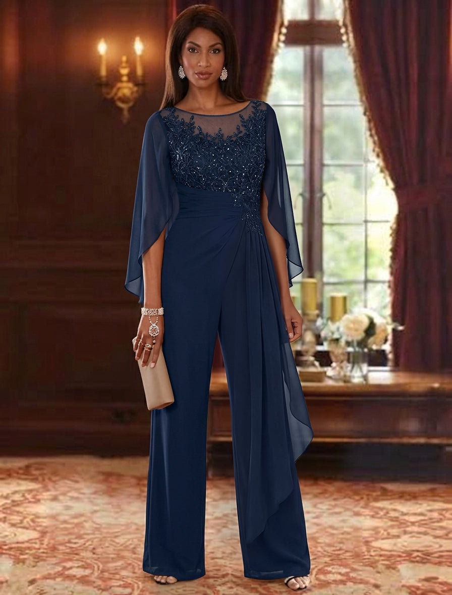 Scoop Chiffon Mother of the Bride Jumpsuit Cape Sleeves Floor-Length Floral Sequins Ruffles