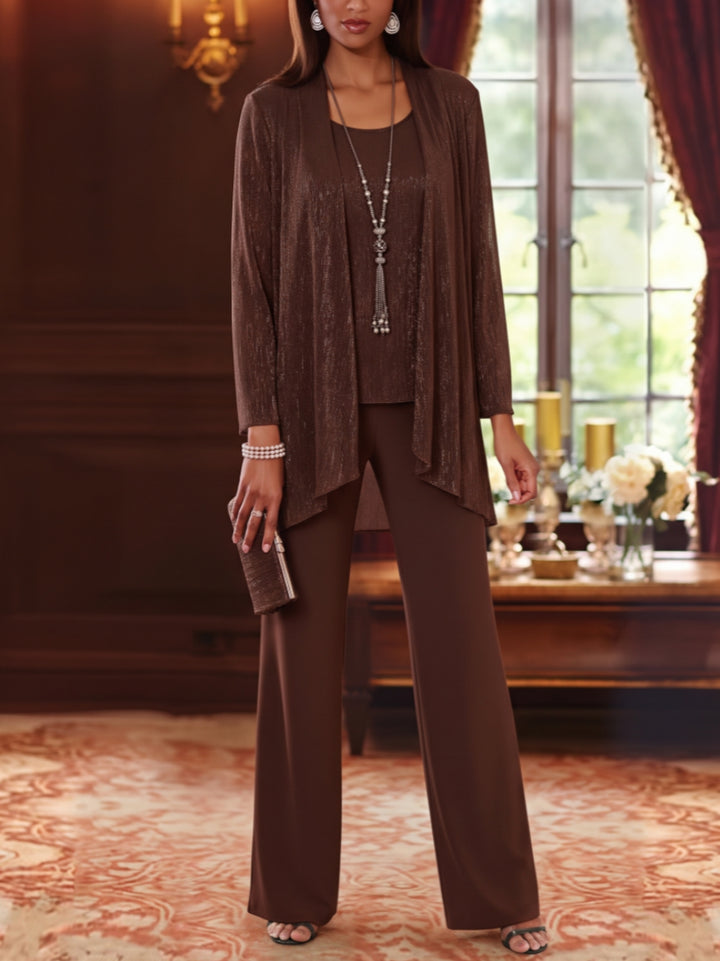 3 Pieces Scoop Chiffon Mother of the Bride Pantsuits with Jacket Long Sleeves Floor-Length