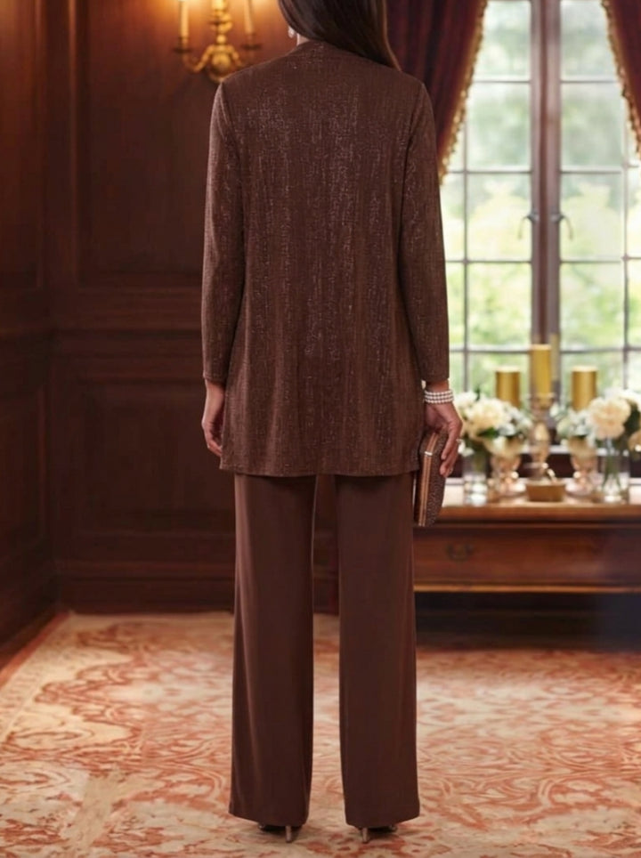 3 Pieces Scoop Chiffon Mother of the Bride Pantsuits with Jacket Long Sleeves Floor-Length