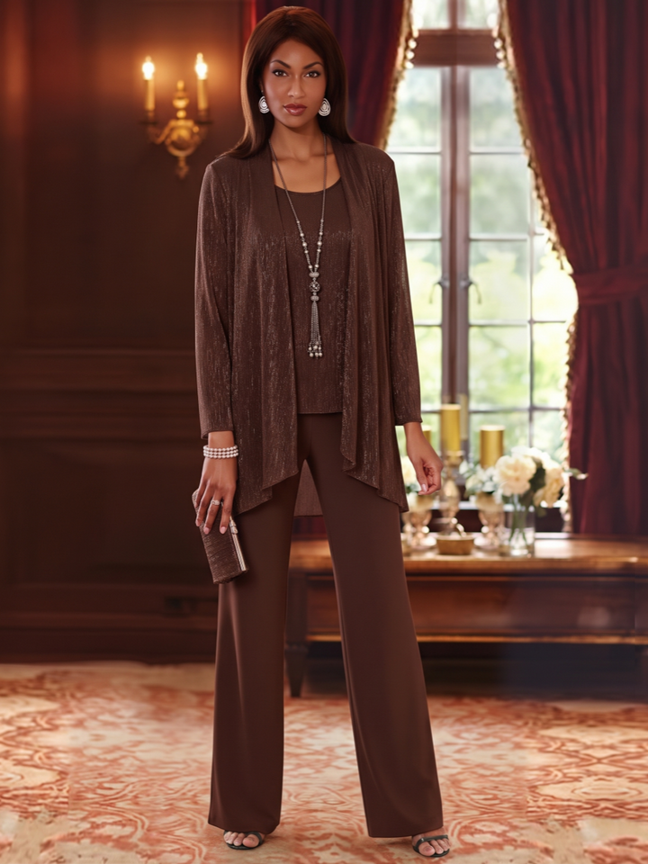 3 Pieces Scoop Chiffon Mother of the Bride Pantsuits with Jacket Long Sleeves Floor-Length