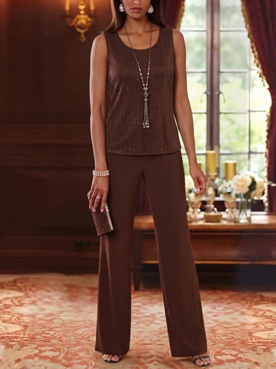 3 Pieces Scoop Chiffon Mother of the Bride Pantsuits with Jacket Long Sleeves Floor-Length