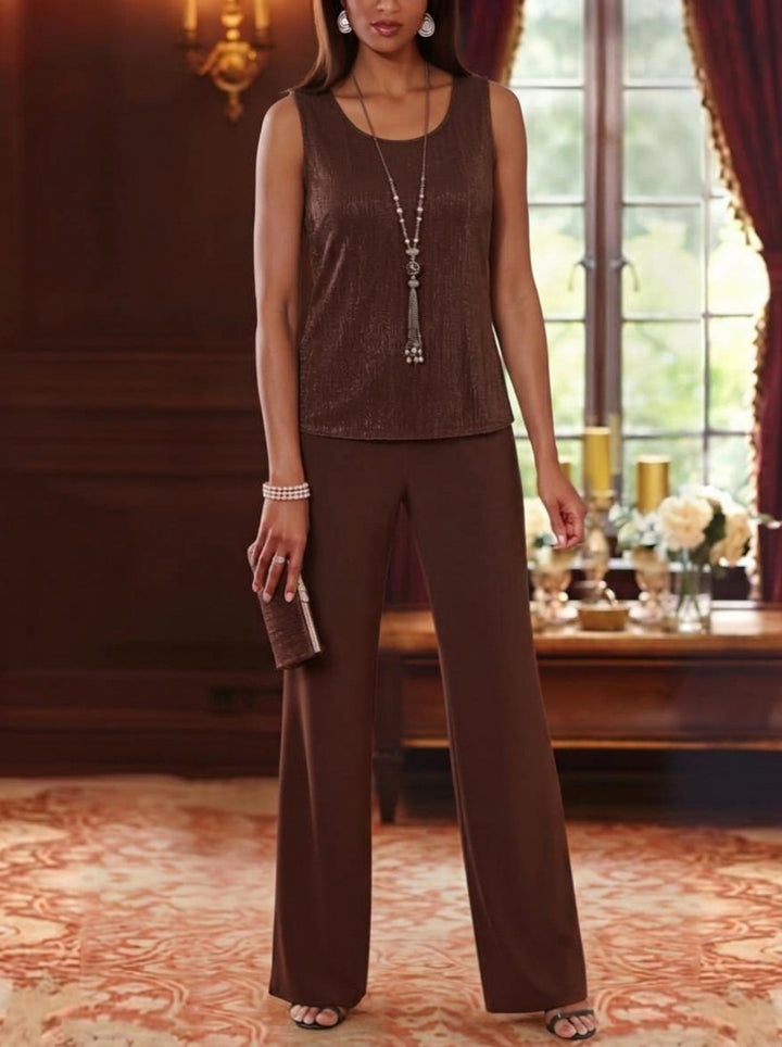 3 Pieces Scoop Chiffon Mother of the Bride Pantsuits with Jacket Long Sleeves Floor-Length