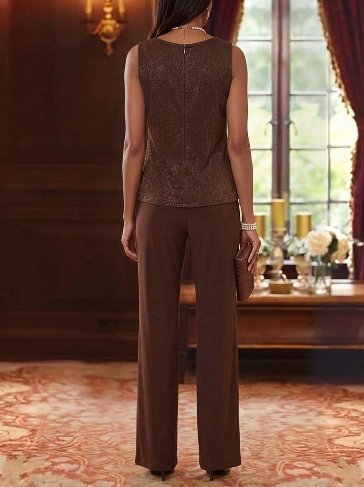 3 Pieces Scoop Chiffon Mother of the Bride Pantsuits with Jacket Long Sleeves Floor-Length