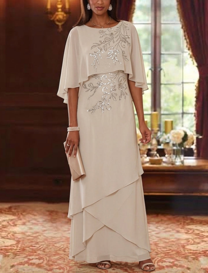 A-Line/Princess Scoop Chiffon Mother of the Bride Dresses Cape Sleeves Floor-Length Floral Sequins