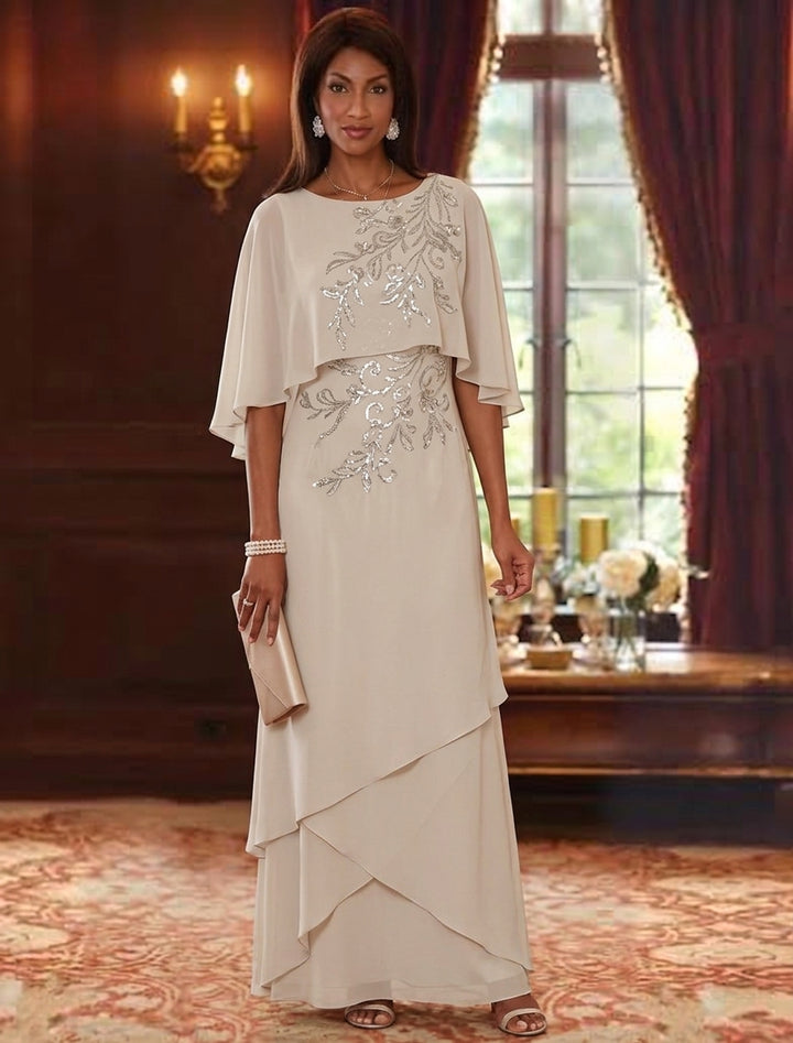 A-Line/Princess Scoop Chiffon Mother of the Bride Dresses Cape Sleeves Floor-Length Floral Sequins