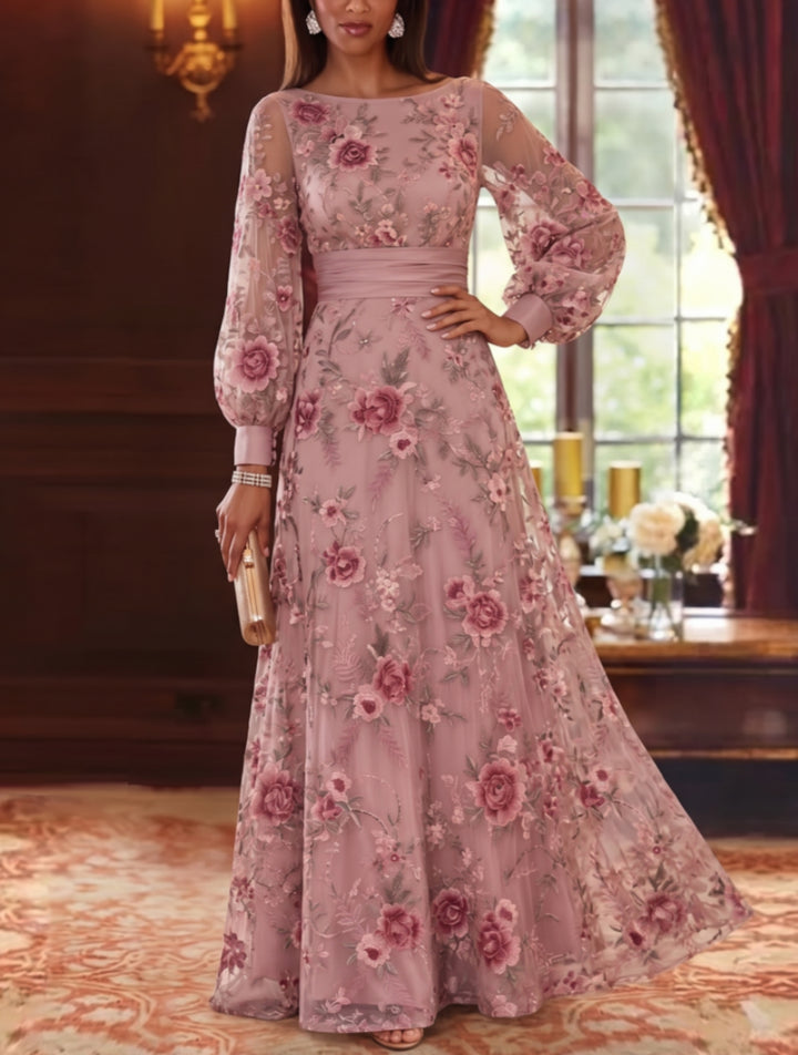 A-Line/Princess Boat Neck Lace Embroidery Mother of the Bride Dresses Long Sleeves Floor-Length Floral