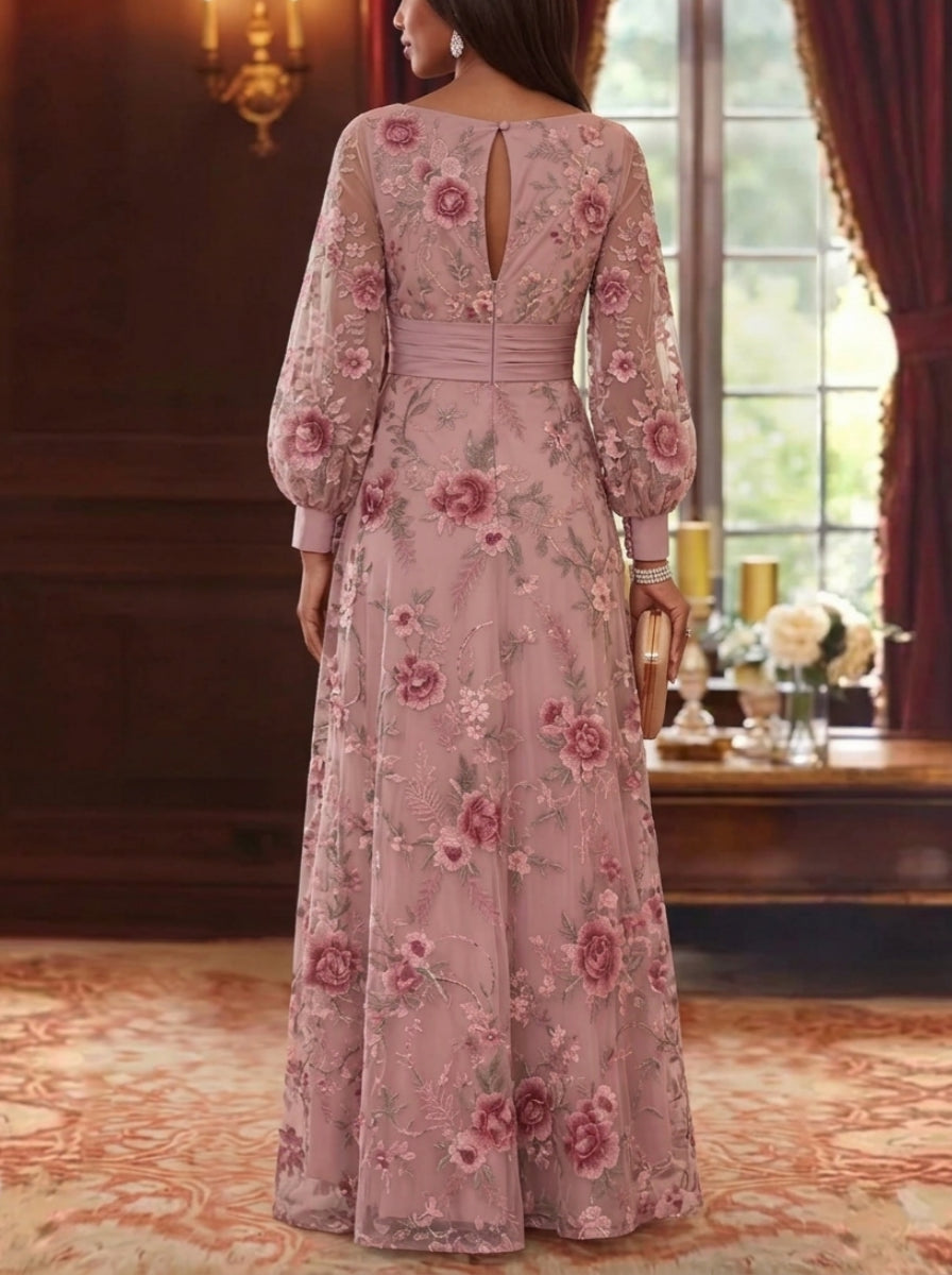 A-Line/Princess Boat Neck Lace Embroidery Mother of the Bride Dresses Long Sleeves Floor-Length Floral
