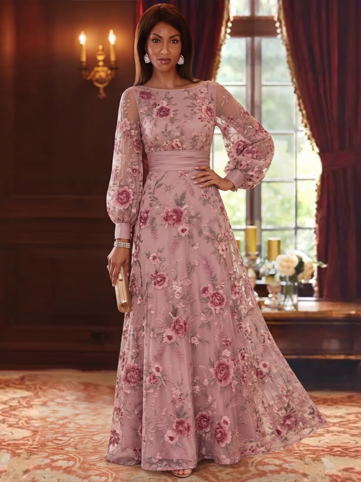 A-Line/Princess Boat Neck Lace Embroidery Mother of the Bride Dresses Long Sleeves Floor-Length Floral
