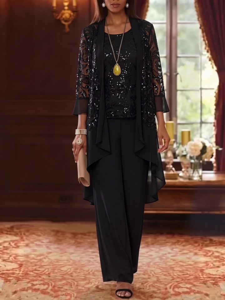 3 Pieces Scoop Chiffon Mother of the Bride Pantsuits with Jacket 3/4 Sleeves Ankle-Length Floral Sequins