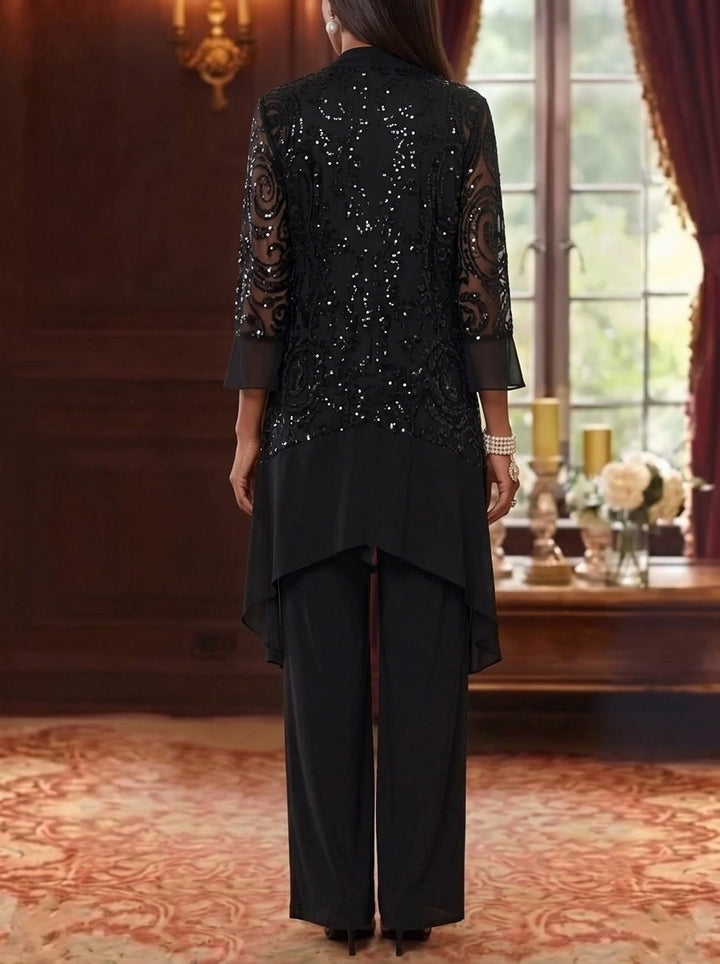 3 Pieces Scoop Chiffon Mother of the Bride Pantsuits with Jacket 3/4 Sleeves Ankle-Length Floral Sequins