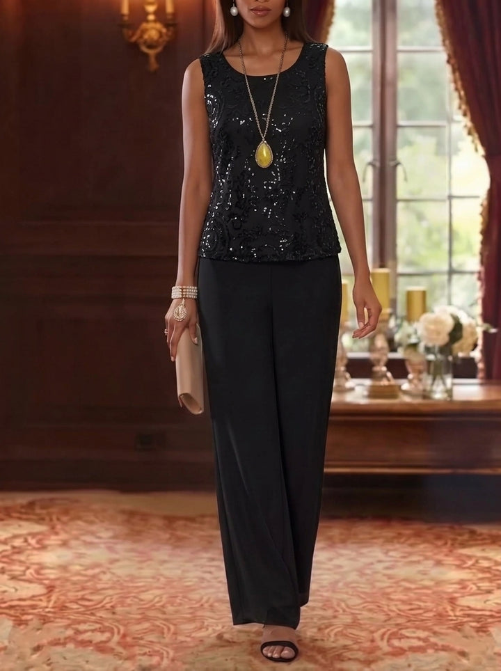 3 Pieces Scoop Chiffon Mother of the Bride Pantsuits with Jacket 3/4 Sleeves Ankle-Length Floral Sequins