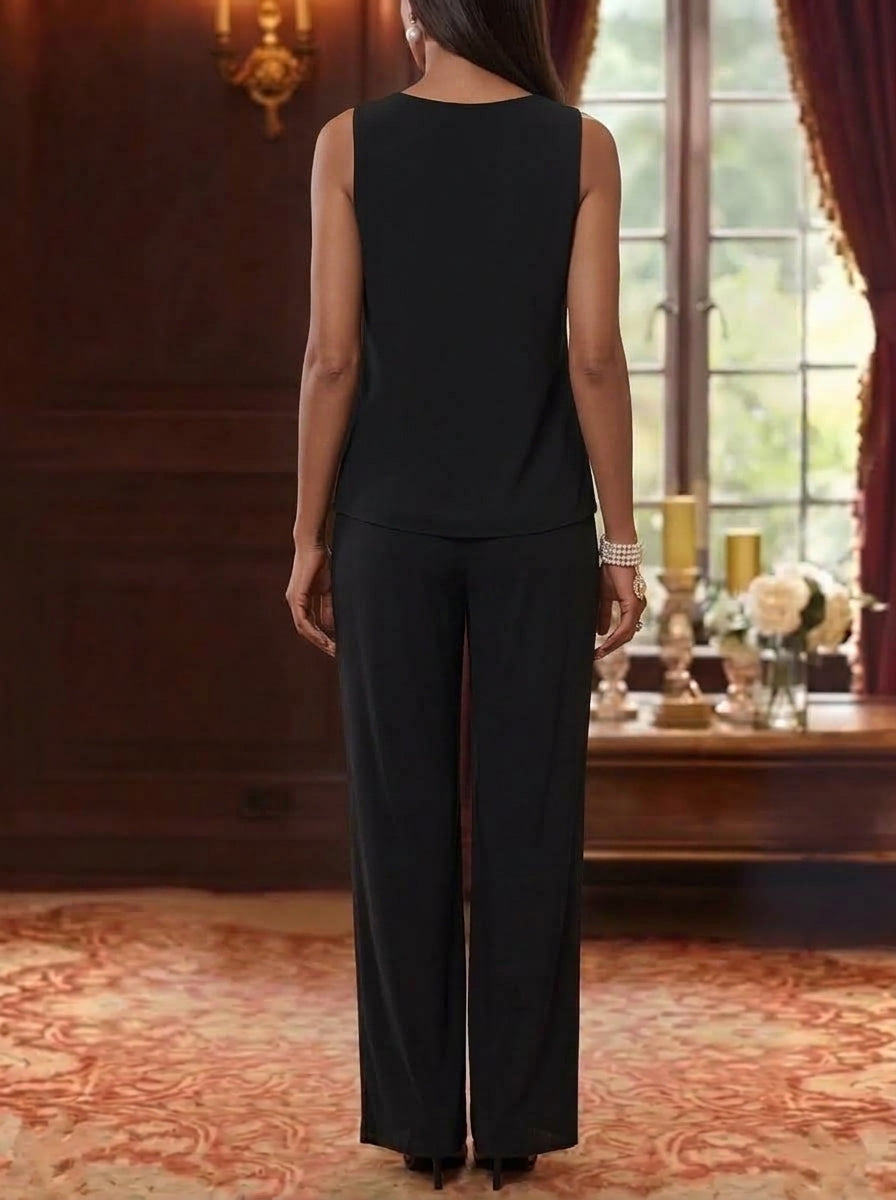 3 Pieces Scoop Chiffon Mother of the Bride Pantsuits with Jacket 3/4 Sleeves Ankle-Length Floral Sequins