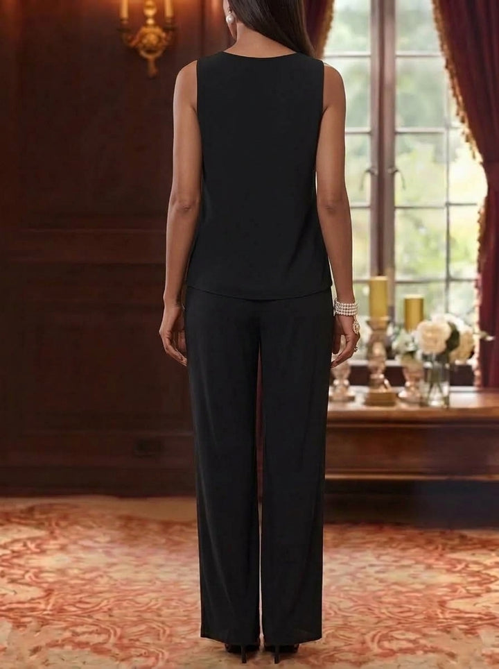 3 Pieces Scoop Chiffon Mother of the Bride Pantsuits with Jacket 3/4 Sleeves Ankle-Length Floral Sequins