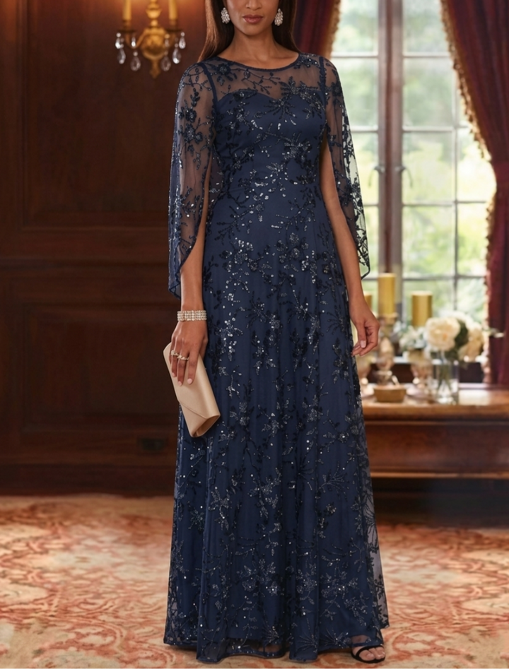 A-Line/Princess Scoop Lace Sequins Mother of the Bride Dresses Cape Sleeves Floor-Length