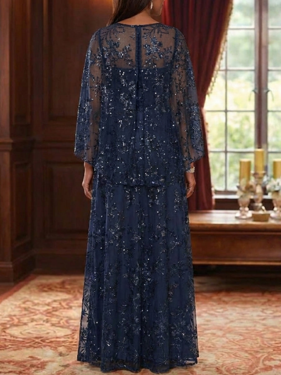 A-Line/Princess Scoop Lace Sequins Mother of the Bride Dresses Cape Sleeves Floor-Length