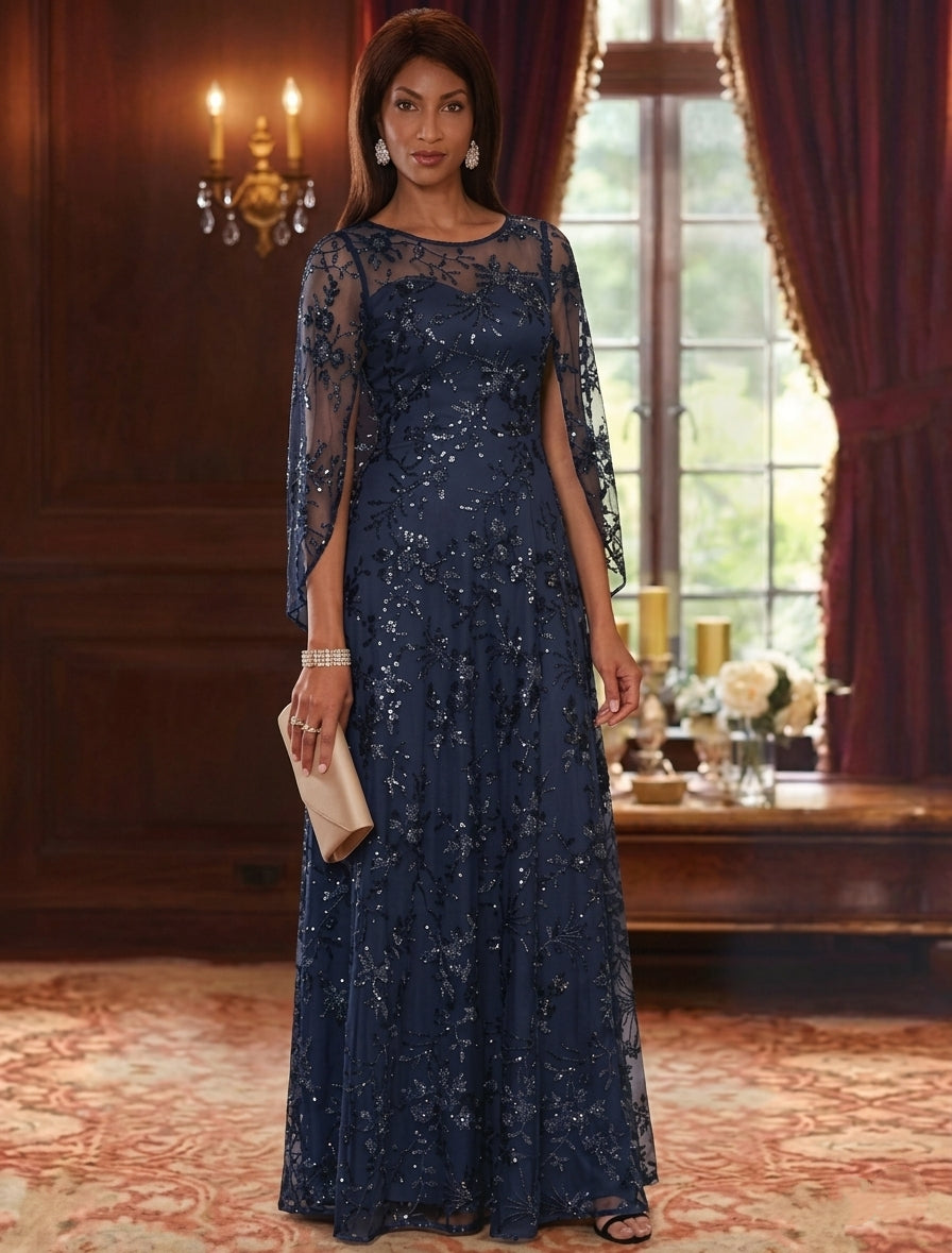 A-Line/Princess Scoop Lace Sequins Mother of the Bride Dresses Cape Sleeves Floor-Length