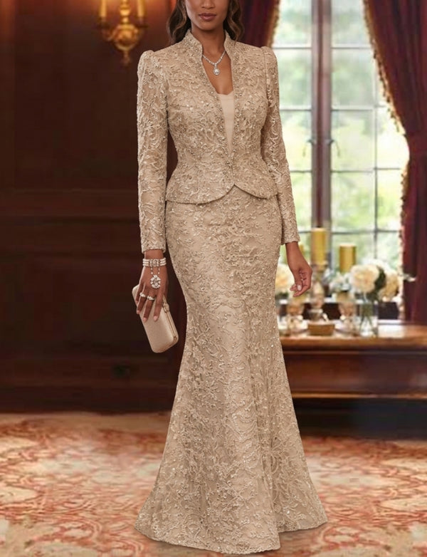 2 Pieces Trumpet/Mermaid V-Neck Lace Mother of the Bride Dresses with Jacket Long Sleeves Floor-Length Floral