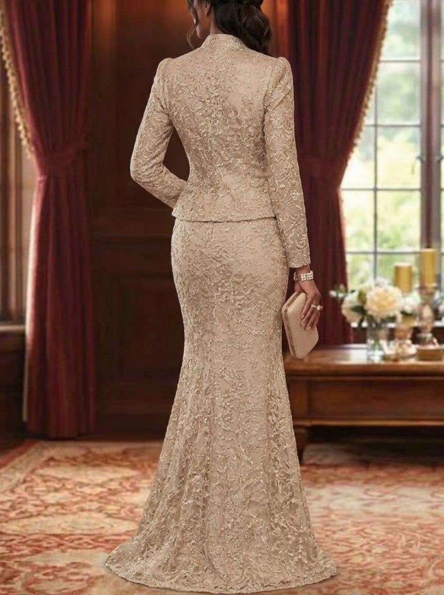 2 Pieces Trumpet/Mermaid V-Neck Lace Mother of the Bride Dresses with Jacket Long Sleeves Floor-Length Floral