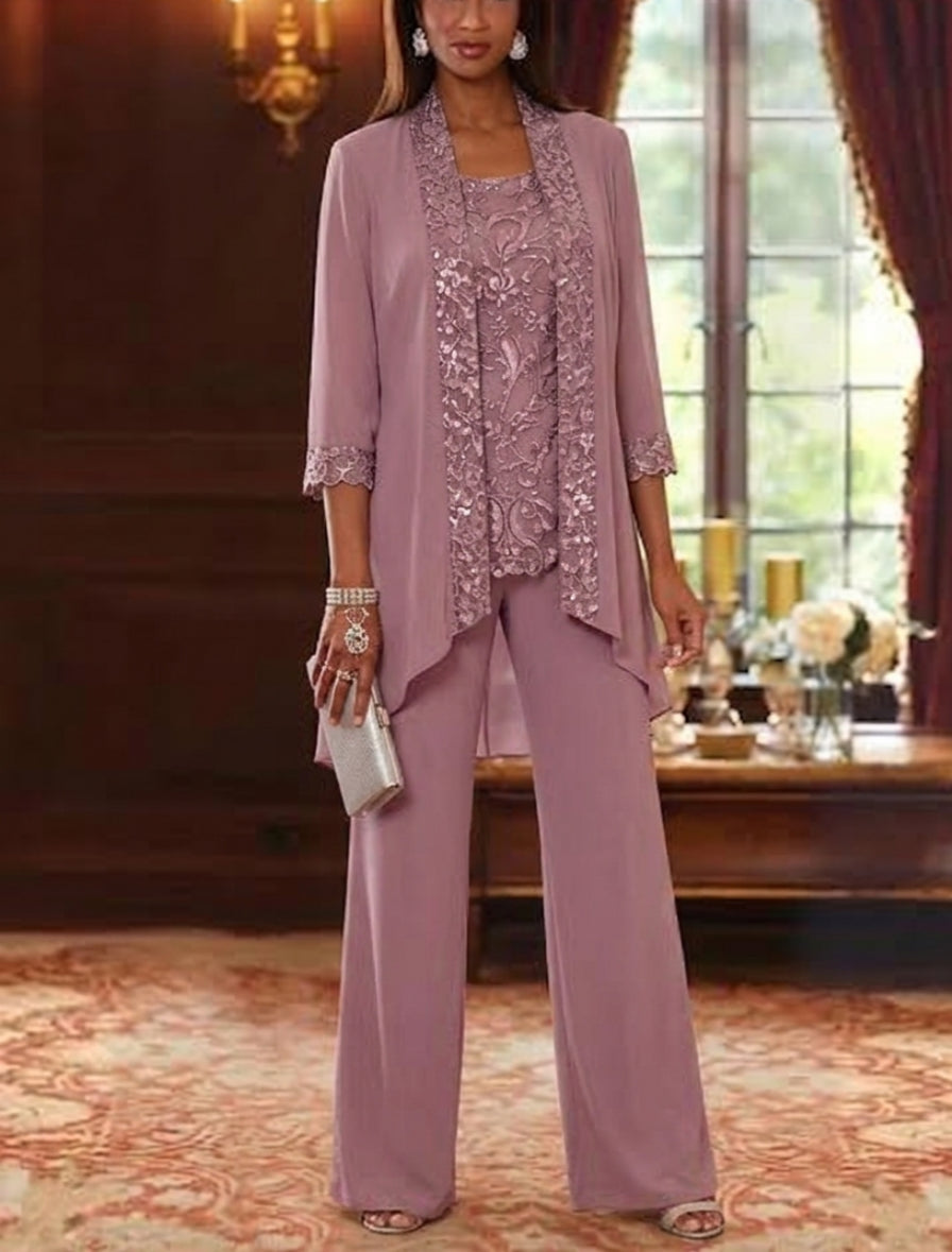 3 Pieces Scoop Chiffon Mother of the Bride Pantsuits with Jacket 3/4 Sleeves Ankle-Length Floral Sequins