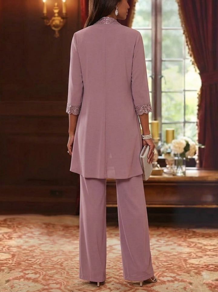 3 Pieces Scoop Chiffon Mother of the Bride Pantsuits with Jacket 3/4 Sleeves Ankle-Length Floral Sequins