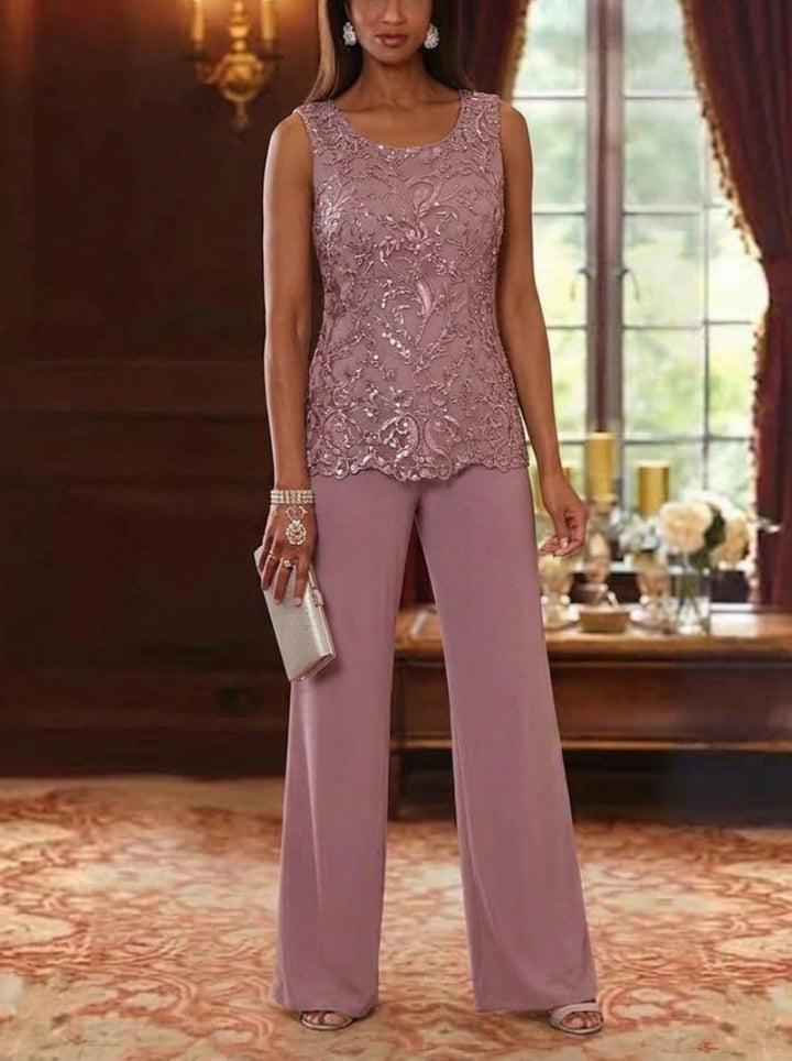 3 Pieces Scoop Chiffon Mother of the Bride Pantsuits with Jacket 3/4 Sleeves Ankle-Length Floral Sequins