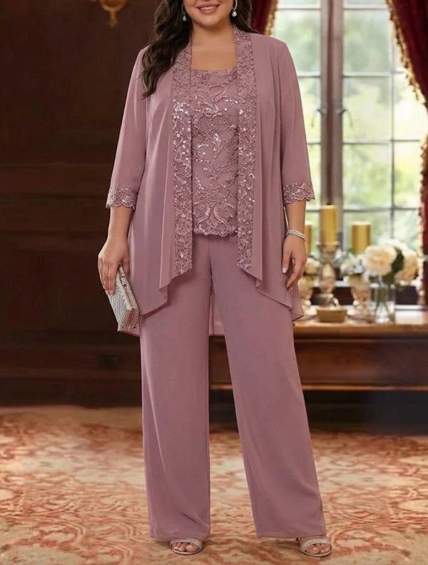 3 Pieces Scoop Chiffon Plus Size Mother of the Bride Pantsuits with Jacket 3/4 Sleeves Ankle-Length Floral Sequins