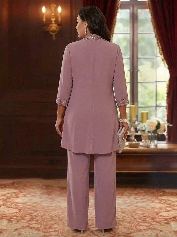 3 Pieces Scoop Chiffon Plus Size Mother of the Bride Pantsuits with Jacket 3/4 Sleeves Ankle-Length Floral Sequins