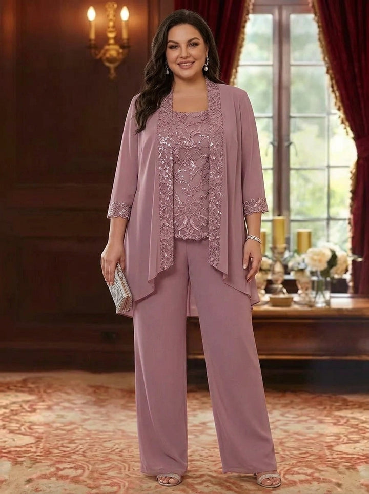 3 Pieces Scoop Chiffon Plus Size Mother of the Bride Pantsuits with Jacket 3/4 Sleeves Ankle-Length Floral Sequins