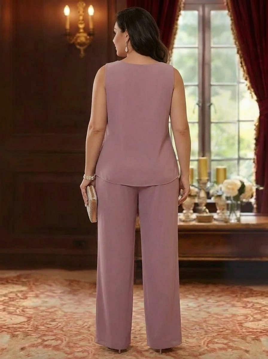3 Pieces Scoop Chiffon Plus Size Mother of the Bride Pantsuits with Jacket 3/4 Sleeves Ankle-Length Floral Sequins