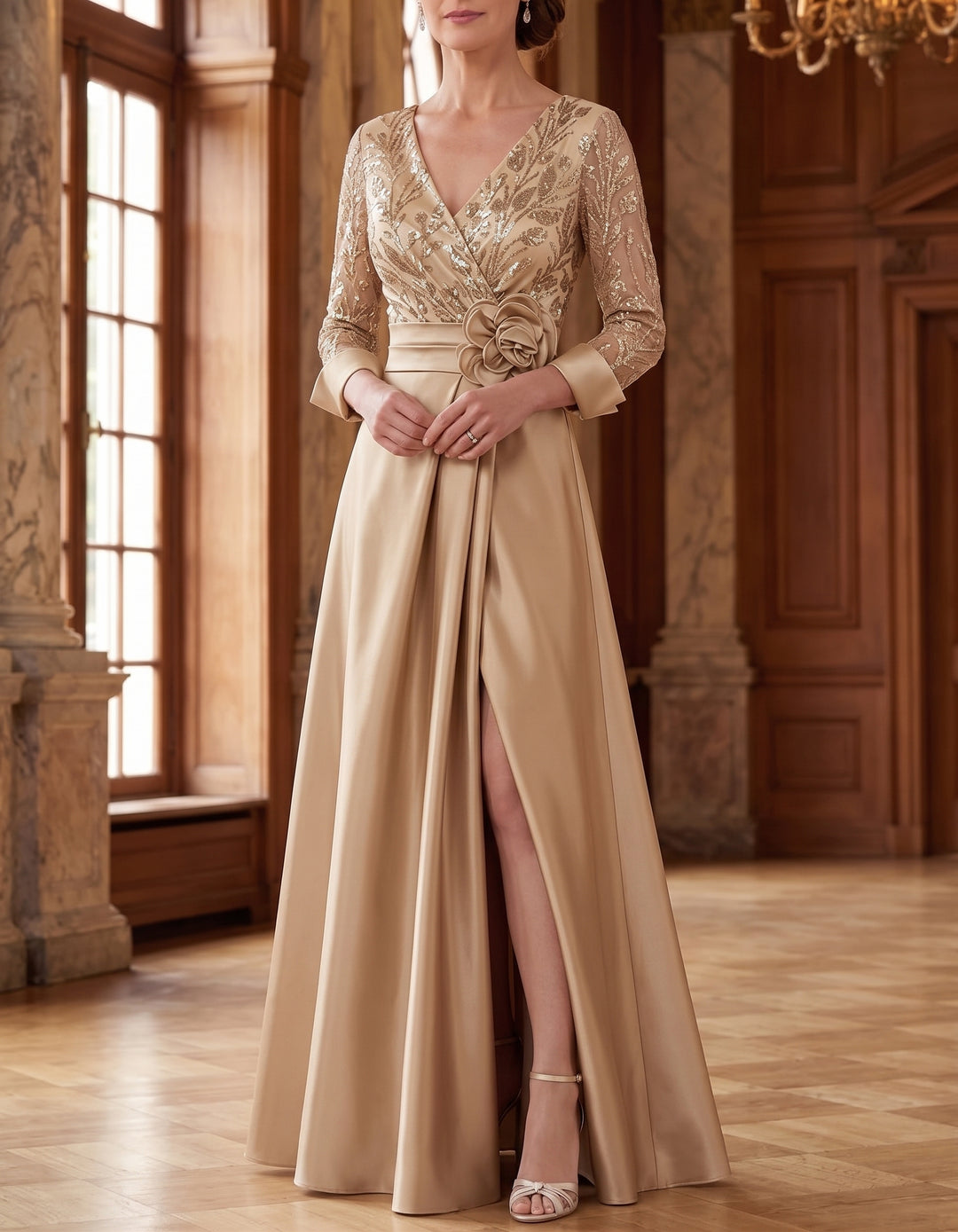 A-Line/Princess V-Neck Satin Mother of the Bride Dresses 3/4 Sleeves Floor-Length Sequins With 3D Flower