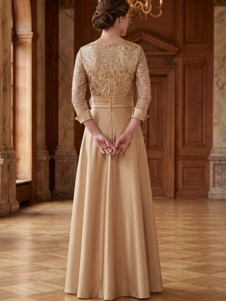 A-Line/Princess V-Neck Satin Mother of the Bride Dresses 3/4 Sleeves Floor-Length Sequins With 3D Flower