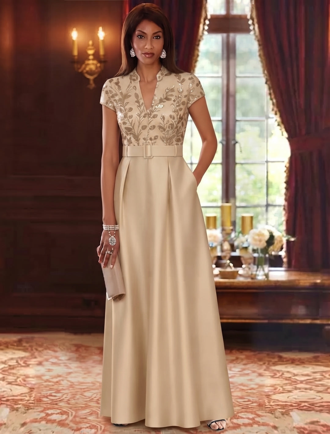 A-Line/Princess V-Neck Satin Mother of the Bride Dresses Short Sleeves Floor-Length Sequins With Belt